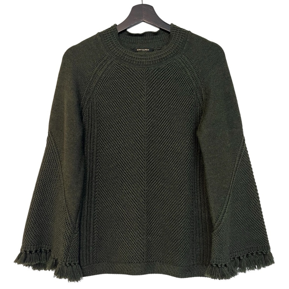 Kobi Halperin Alice Wool Fringe-Sleeve Sweater Dark Olive Green Small Boho Chic